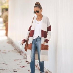 VICI Striped Knit Pocketed Open Front Cardigan
